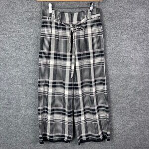 Anthropologie Etewa‎ Plaid Wide Leg Cropped Pants Tie Waist Size 2 Black White